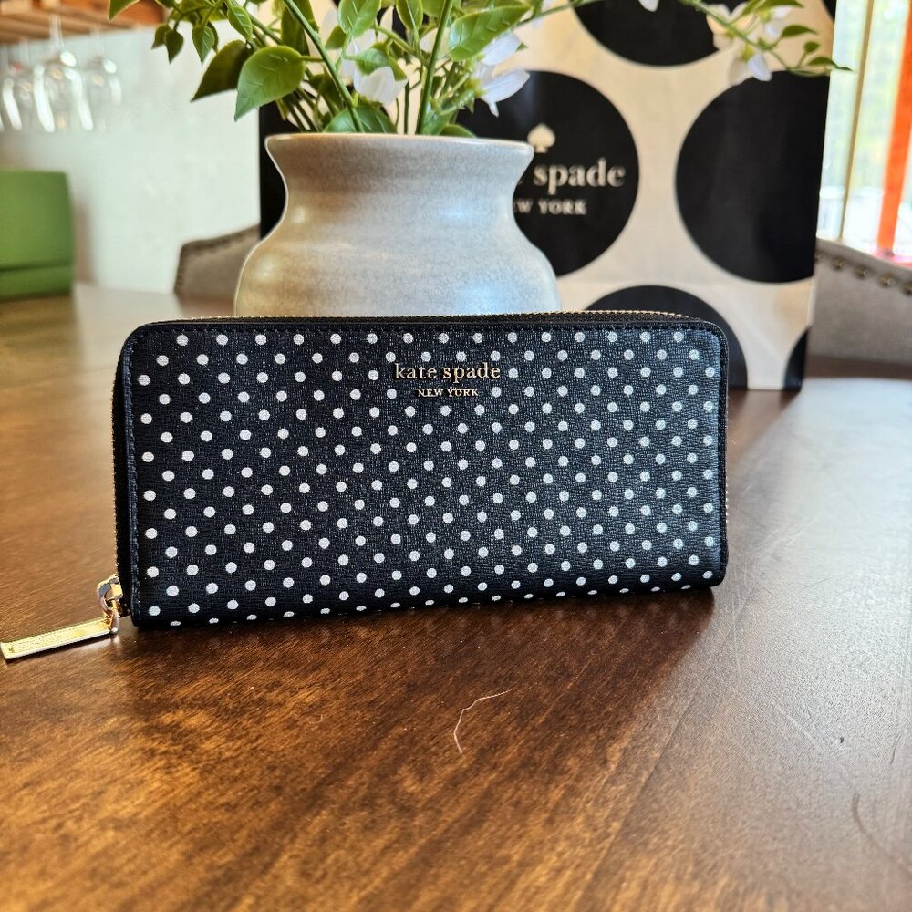Kate Spade Spencer Slim Zip Around Continental Wallet Black w/ Metallic Dot